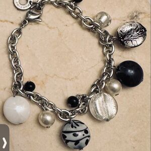 Silver Charm Bracelet with Black, White and Pearl Beads